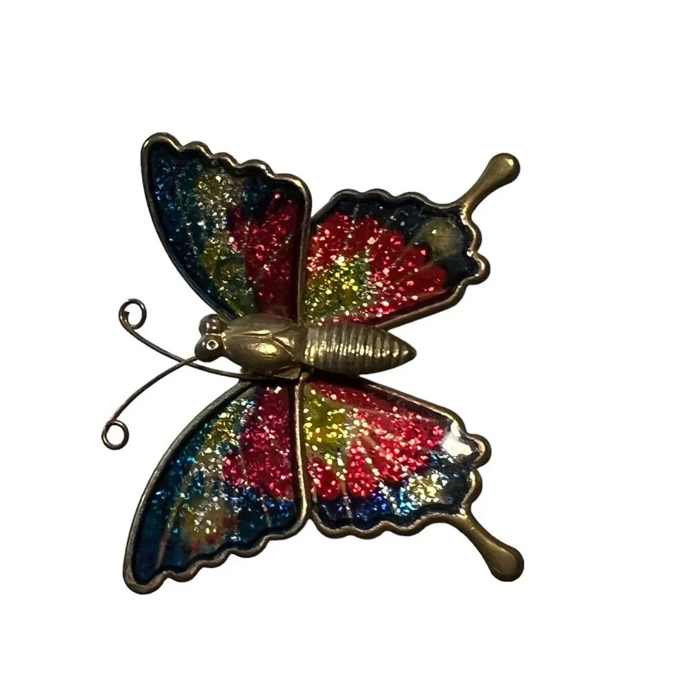 Vintage Butterfly Brooch Blue Pink Enamel and Glitter‎ Pin